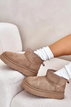 Clearance Evento Niskie Śniegowce Damskie Na Platformie Ocieplane Futerkiem Beżowe Saldren