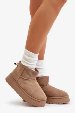 Clearance Evento Niskie Śniegowce Damskie Na Platformie Ocieplane Futerkiem Beżowe Saldren