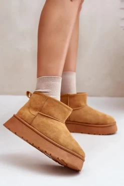 Evento Śniegowce Damskie*Niskie Śniegowce Damskie Na Platformie Ocieplane Futerkiem Camel Saldren Brązowy