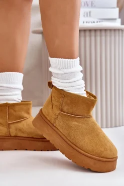 Evento Śniegowce Damskie*Niskie Śniegowce Damskie Na Platformie Ocieplane Futerkiem Camel Saldren Brązowy