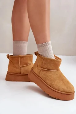 Evento Śniegowce Damskie*Niskie Śniegowce Damskie Na Platformie Ocieplane Futerkiem Camel Saldren Brązowy