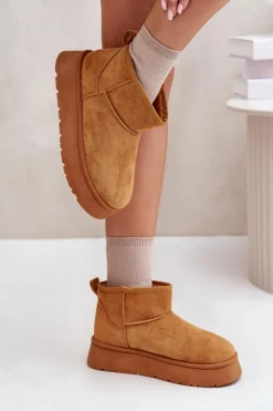 Evento Śniegowce Damskie*Niskie Śniegowce Damskie Na Platformie Ocieplane Futerkiem Camel Saldren Brązowy