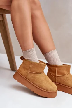 Evento Śniegowce Damskie*Niskie Śniegowce Damskie Na Platformie Ocieplane Futerkiem Camel Saldren Brązowy