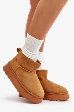 Evento Śniegowce Damskie*Niskie Śniegowce Damskie Na Platformie Ocieplane Futerkiem Camel Saldren Brązowy