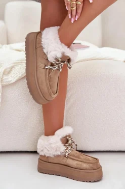 Damskie Boto Niskie Śniegowce Damskie Na Platformie Z Futerkiem Ciemnobeżowe Neathren