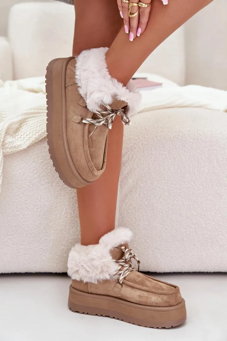 Damskie Boto Niskie Śniegowce Damskie Na Platformie Z Futerkiem Ciemnobeżowe Neathren