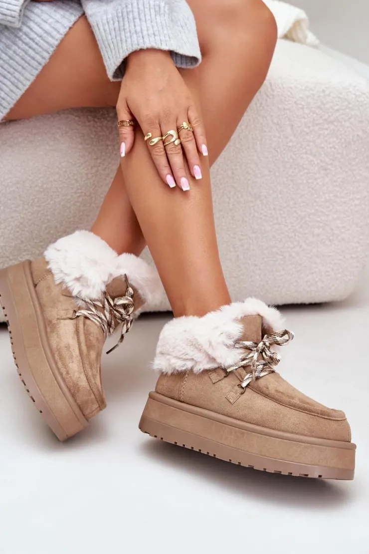 Damskie Boto Niskie Śniegowce Damskie Na Platformie Z Futerkiem Ciemnobeżowe Neathren