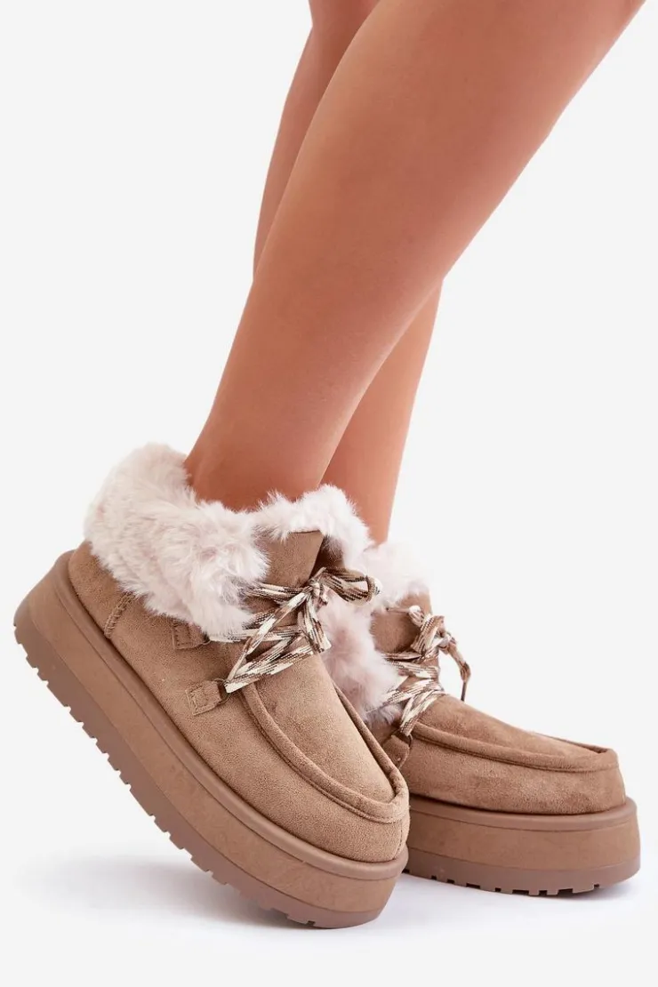 Damskie Boto Niskie Śniegowce Damskie Na Platformie Z Futerkiem Ciemnobeżowe Neathren