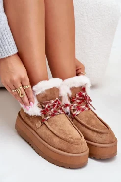 Hot Boto Niskie Śniegowce Damskie Na Platformie Z Futerkiem Camel Neathren Brązowy