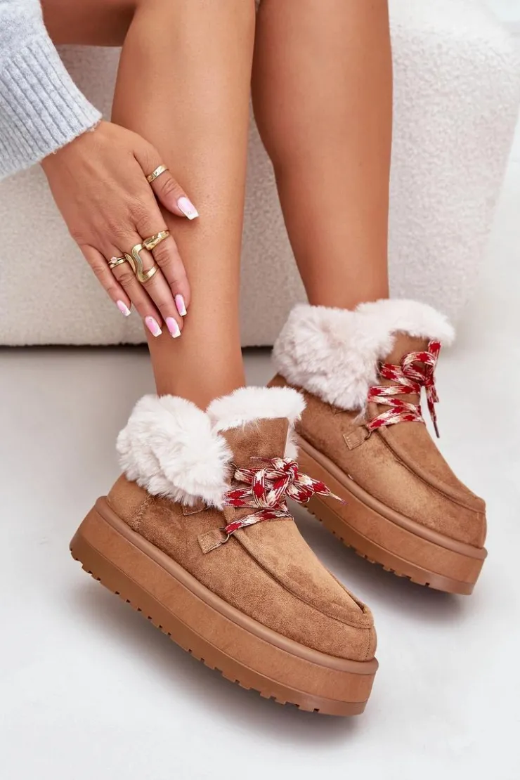 Hot Boto Niskie Śniegowce Damskie Na Platformie Z Futerkiem Camel Neathren Brązowy