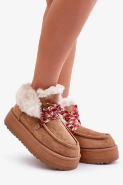 Hot Boto Niskie Śniegowce Damskie Na Platformie Z Futerkiem Camel Neathren Brązowy