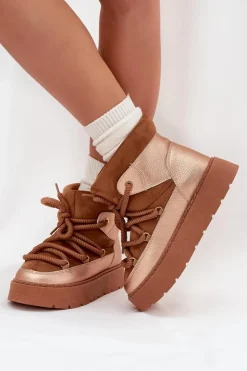 New Boto Niskie Śniegowce Damskie Ocieplane Futerkiem Z Grubym Wiązaniem Camel Xarina Brązowy