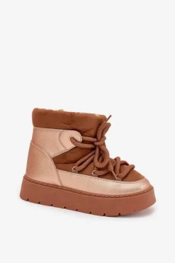 New Boto Niskie Śniegowce Damskie Ocieplane Futerkiem Z Grubym Wiązaniem Camel Xarina Brązowy