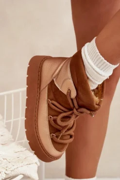 New Boto Niskie Śniegowce Damskie Ocieplane Futerkiem Z Grubym Wiązaniem Camel Xarina Brązowy