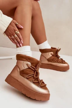 New Boto Niskie Śniegowce Damskie Ocieplane Futerkiem Z Grubym Wiązaniem Camel Xarina Brązowy