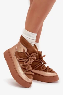 New Boto Niskie Śniegowce Damskie Ocieplane Futerkiem Z Grubym Wiązaniem Camel Xarina Brązowy