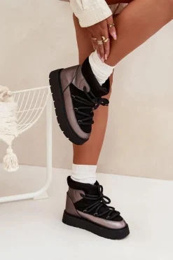 Damskie Boto Niskie Śniegowce Damskie Ocieplane Futerkiem Z Grubym Wiązaniem Czarne Xarina