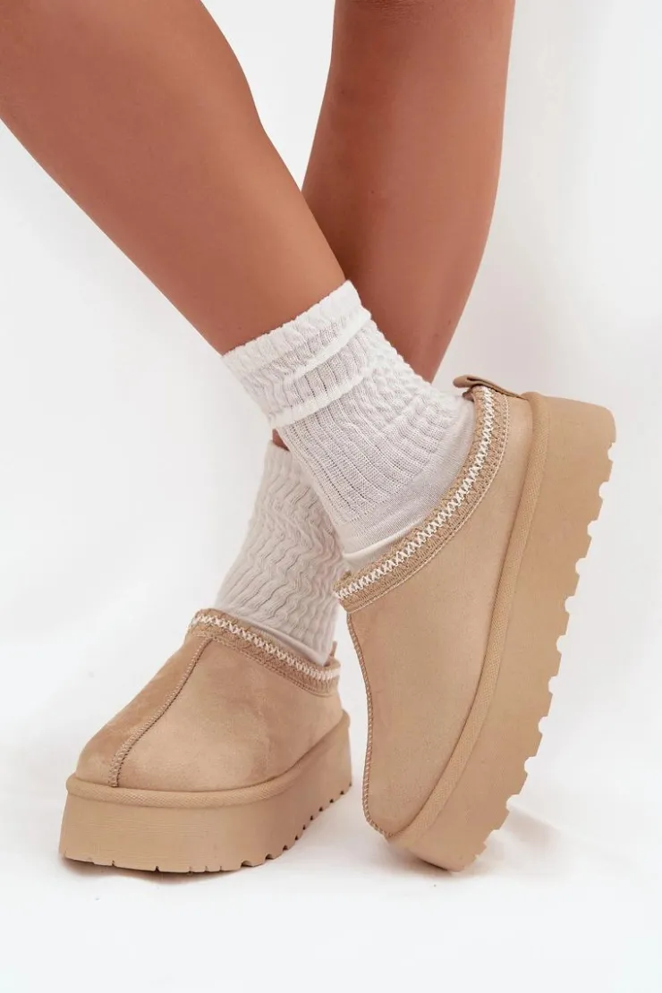 Damskie Boto Niskie Śniegowce Damskie Z Haftem Na Platformie Jasnobeżowe Narirya