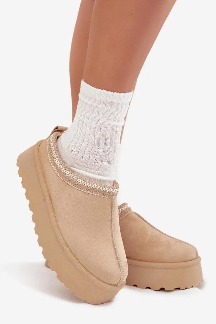 Damskie Boto Niskie Śniegowce Damskie Z Haftem Na Platformie Jasnobeżowe Narirya