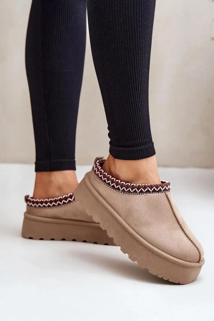 Discount Boto Niskie Śniegowce Damskie Z Haftem Na Platformie Ciemnobeżowe Narirya