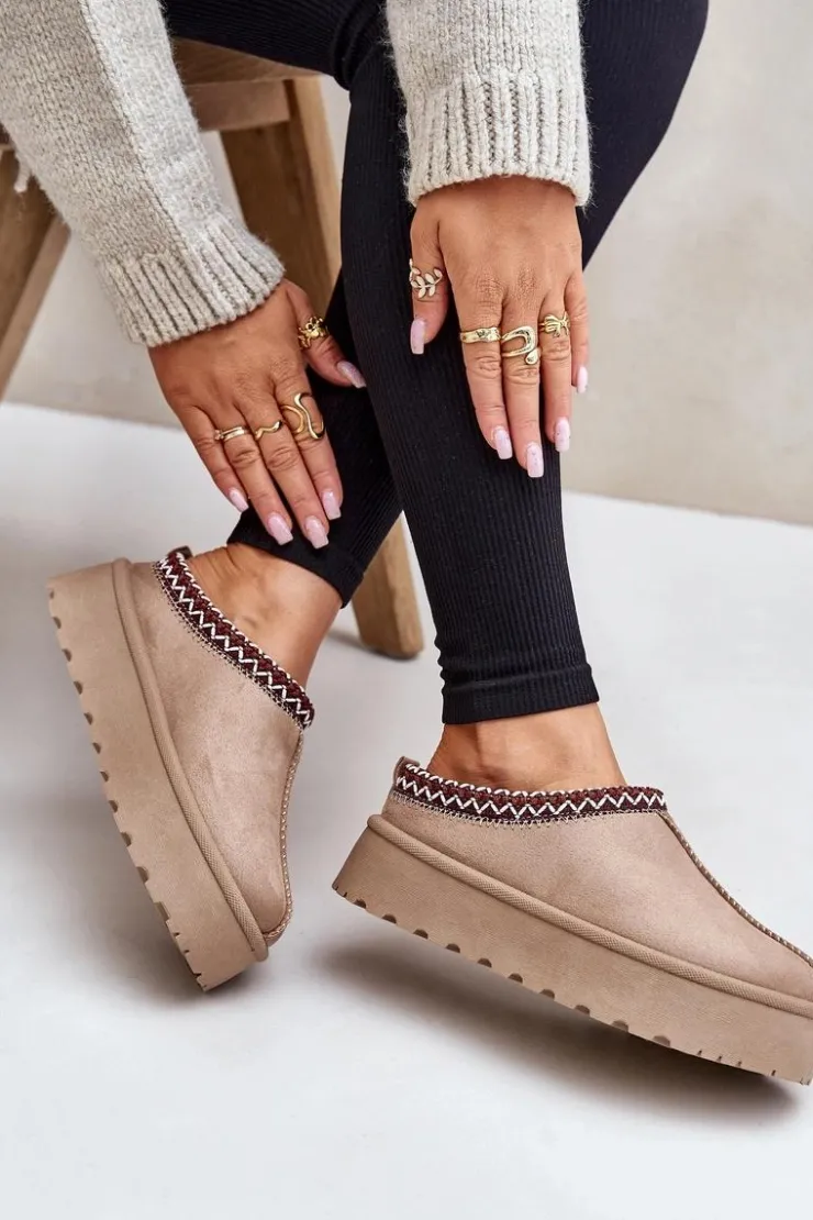 Discount Boto Niskie Śniegowce Damskie Z Haftem Na Platformie Ciemnobeżowe Narirya