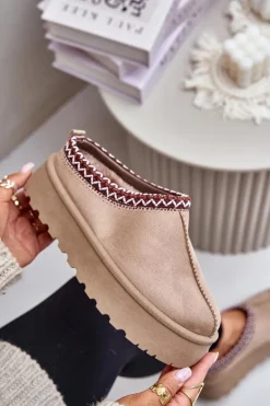 Discount Boto Niskie Śniegowce Damskie Z Haftem Na Platformie Ciemnobeżowe Narirya