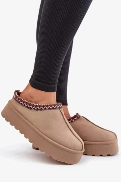 Discount Boto Niskie Śniegowce Damskie Z Haftem Na Platformie Ciemnobeżowe Narirya