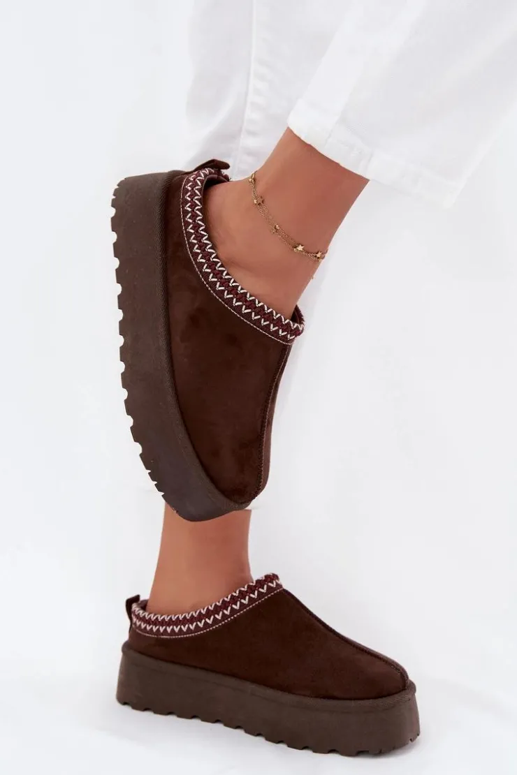 Damskie Boto Niskie Śniegowce Damskie Z Haftem Na Platformie Czekoladowe Narirya