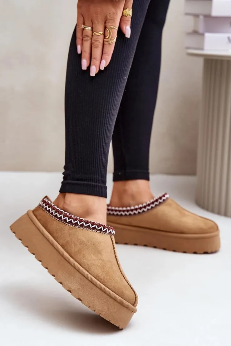 Damskie Boto Niskie Śniegowce Damskie Z Haftem Na Platformie Camel Narirya