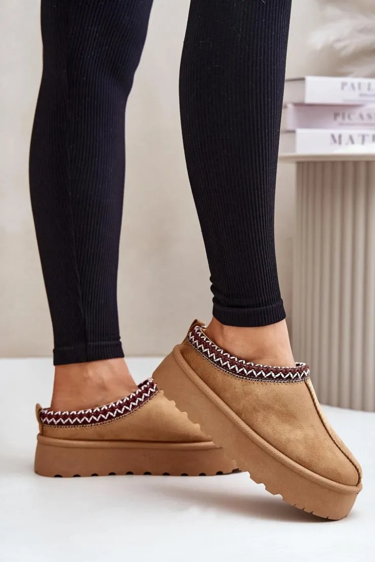 Damskie Boto Niskie Śniegowce Damskie Z Haftem Na Platformie Camel Narirya