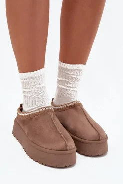 Boto Niskie Śniegowce Damskie Z Haftem Na Platformie Ciemnobeżowe Narirya