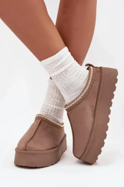 Boto Niskie Śniegowce Damskie Z Haftem Na Platformie Ciemnobeżowe Narirya