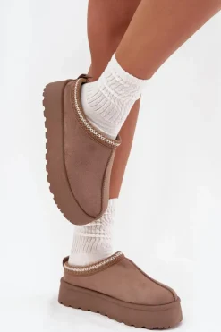 Boto Niskie Śniegowce Damskie Z Haftem Na Platformie Ciemnobeżowe Narirya