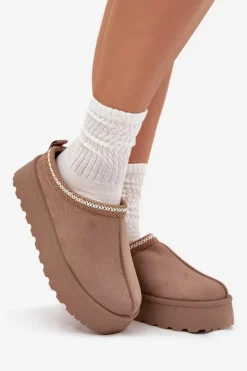 Boto Niskie Śniegowce Damskie Z Haftem Na Platformie Ciemnobeżowe Narirya