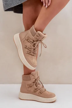 Damskie Boto Niskie Śniegowce Na Platformie Brązowe Naliora