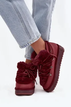 D.Franklin Śniegowce Damskie*Niskie Śniegowce Na Platformie Z Futerkiem DFSH370011 Bordowe Czerwony