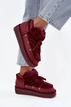 D.Franklin Śniegowce Damskie*Niskie Śniegowce Na Platformie Z Futerkiem DFSH370011 Bordowe Czerwony