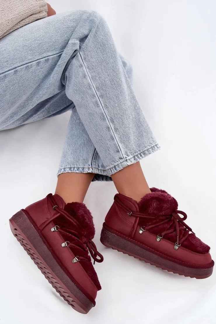 D.Franklin Śniegowce Damskie*Niskie Śniegowce Na Platformie Z Futerkiem DFSH370011 Bordowe Czerwony