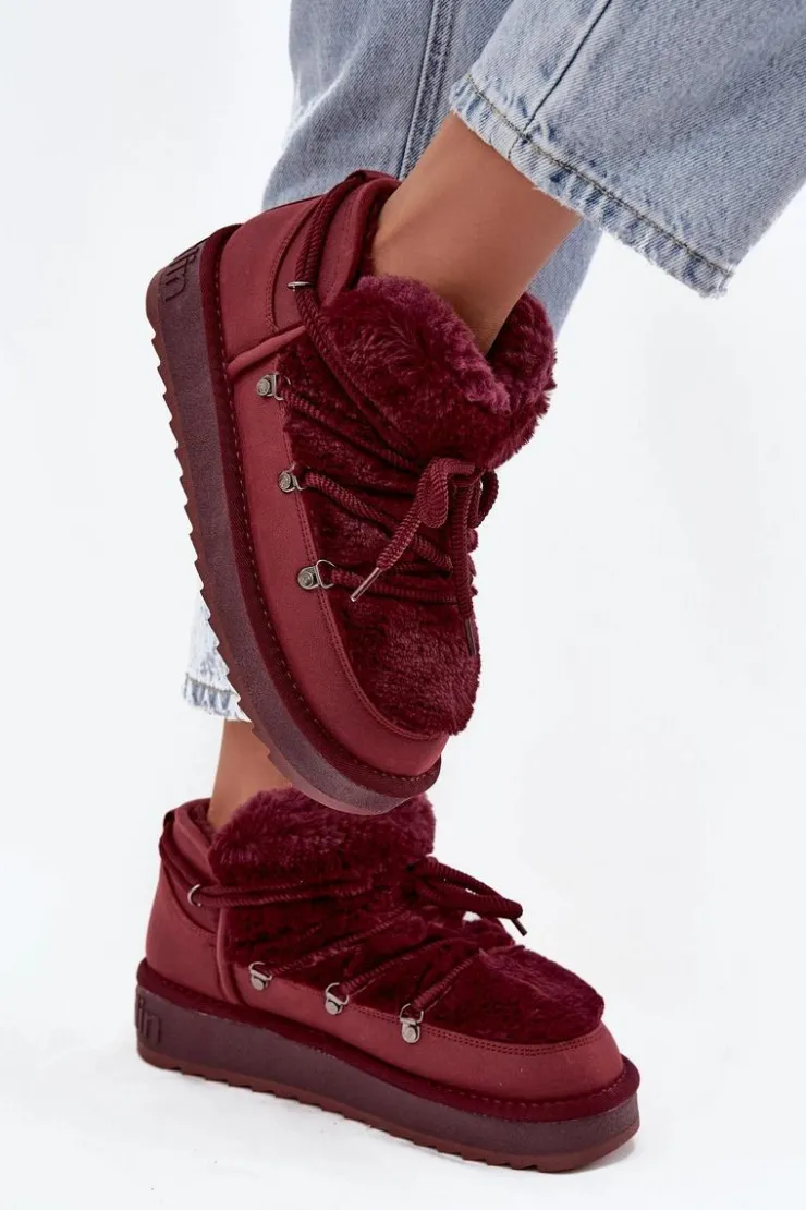 D.Franklin Śniegowce Damskie*Niskie Śniegowce Na Platformie Z Futerkiem DFSH370011 Bordowe Czerwony
