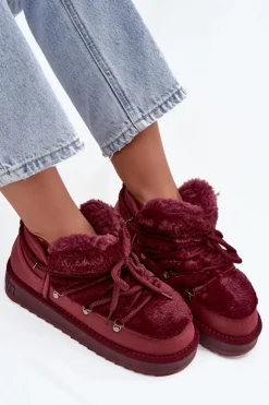 D.Franklin Śniegowce Damskie*Niskie Śniegowce Na Platformie Z Futerkiem DFSH370011 Bordowe Czerwony