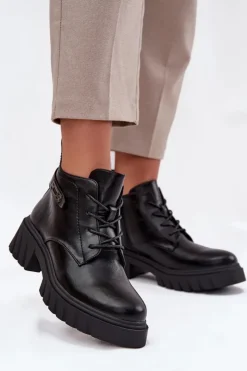 Boto Botki Ocieplane|Botki Sznurowane*Niskie Ocieplane Botki Damskie Na Klocku Z Ozdobnym Paskiem Czarne Therisse Czarny