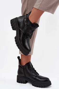 Boto Botki Ocieplane|Botki Sznurowane*Niskie Ocieplane Botki Damskie Na Klocku Z Ozdobnym Paskiem Czarne Therisse Czarny