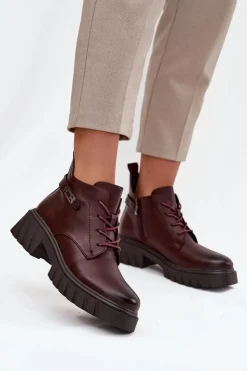 Boto Botki Ocieplane|Botki Sznurowane*Niskie Ocieplane Botki Damskie Na Klocku Z Ozdobnym Paskiem Bordowe Therisse