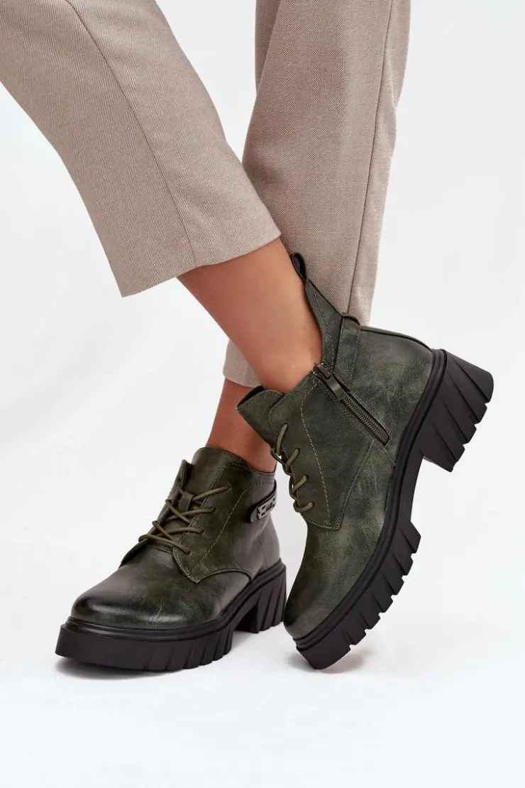 New Boto Niskie Ocieplane Botki Damskie Na Klocku Z Ozdobnym Paskiem Ciemnozielone Therisse Zielony