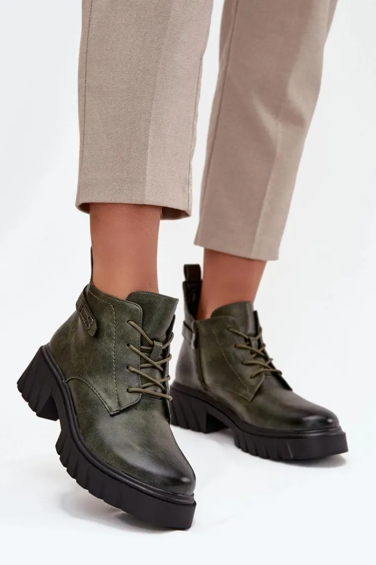 New Boto Niskie Ocieplane Botki Damskie Na Klocku Z Ozdobnym Paskiem Ciemnozielone Therisse Zielony