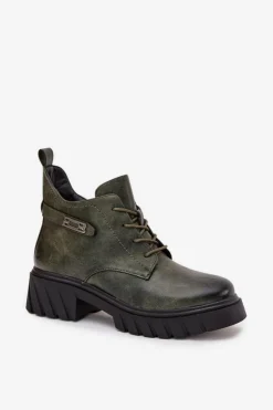 New Boto Niskie Ocieplane Botki Damskie Na Klocku Z Ozdobnym Paskiem Ciemnozielone Therisse Zielony