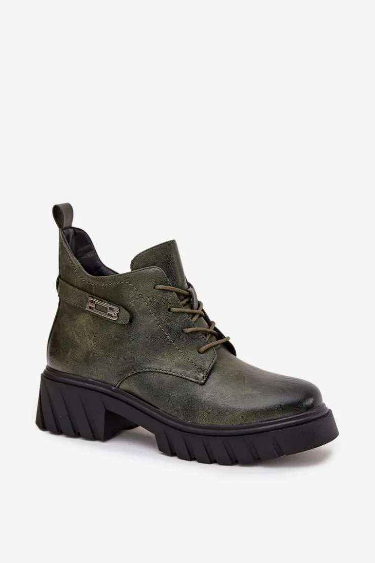 New Boto Niskie Ocieplane Botki Damskie Na Klocku Z Ozdobnym Paskiem Ciemnozielone Therisse Zielony