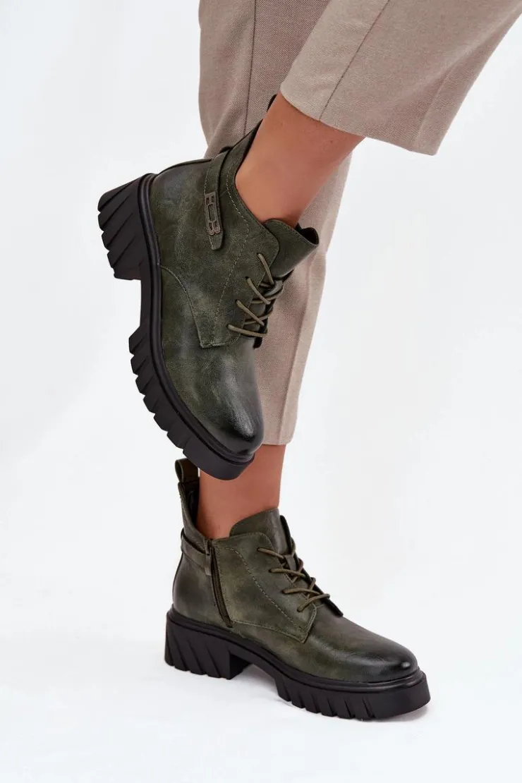 New Boto Niskie Ocieplane Botki Damskie Na Klocku Z Ozdobnym Paskiem Ciemnozielone Therisse Zielony