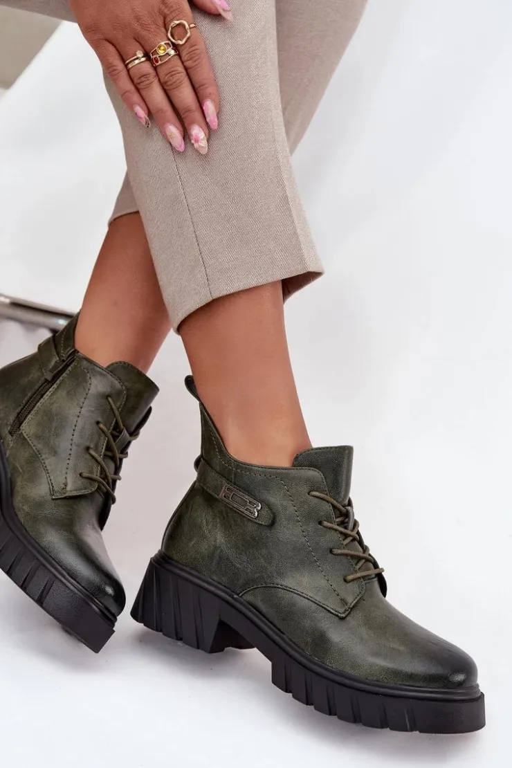 New Boto Niskie Ocieplane Botki Damskie Na Klocku Z Ozdobnym Paskiem Ciemnozielone Therisse Zielony