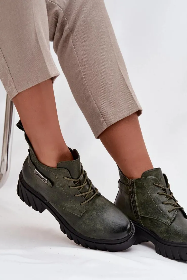 New Boto Niskie Ocieplane Botki Damskie Na Klocku Z Ozdobnym Paskiem Ciemnozielone Therisse Zielony